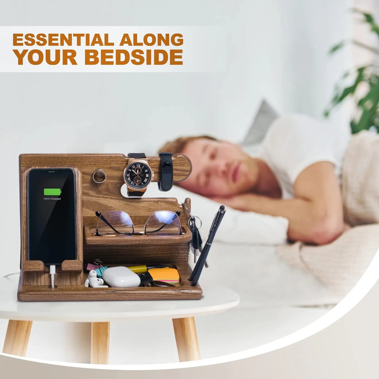 Wood Phone Docking Station with Drawer - Nightstand Organizer - Desk Organizer for Husband - Birthday Gifts for Men, Dad, Anniversary Idea, Key Holder Stand Watch & Accessories