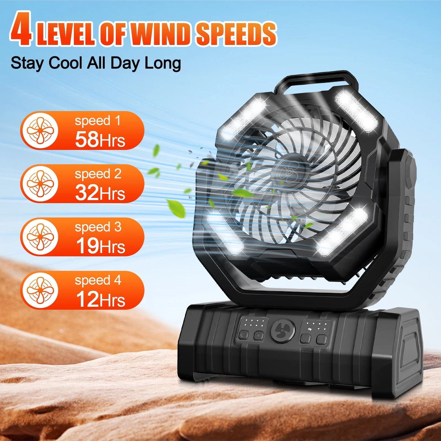 Camping Fan,Portable Fan with LED Lantern,20000Mah Rechargeable Battery Powered Fan with 270°Head Rotation, 4 Speed Tents Fan for Camping Picnic, Barbecue, Fishing, Travel, Home, Black