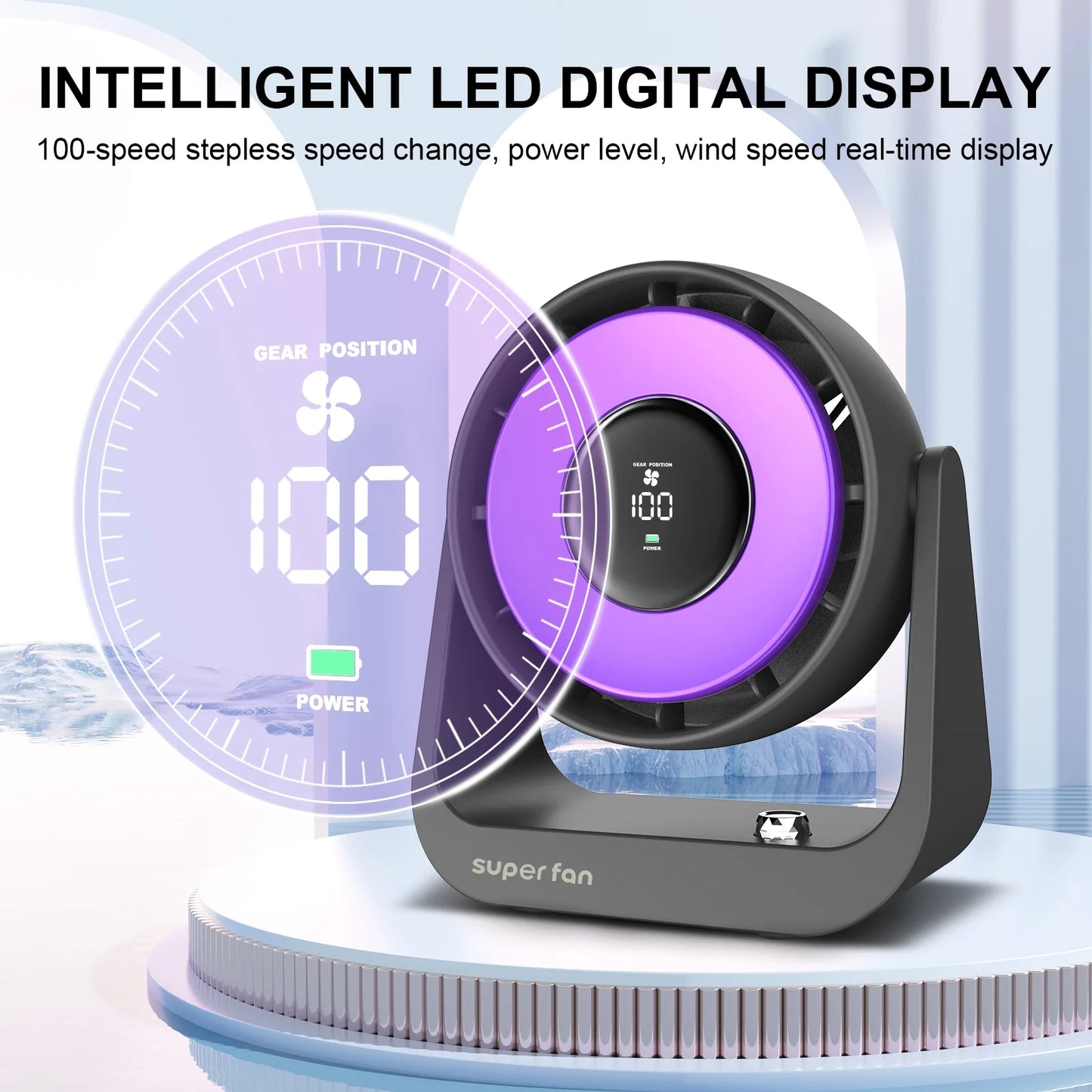 Small Desk Fan, Portable Tabletop Fan with Smart Digital Display, 100 Speeds Rechargeable Personal Fan for Bedroom Office Home