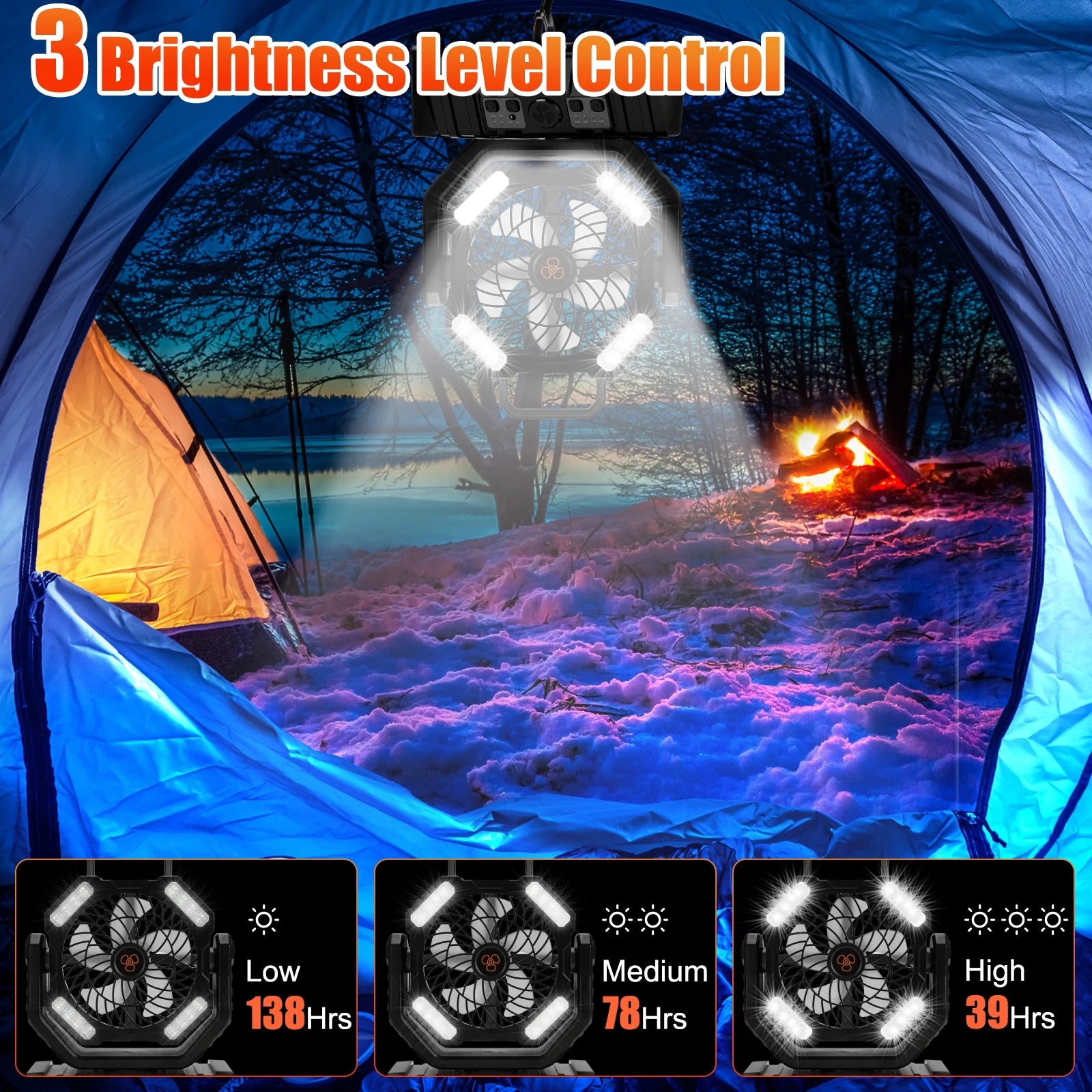 Camping Fan,Portable Fan with LED Lantern,20000Mah Rechargeable Battery Powered Fan with 270°Head Rotation, 4 Speed Tents Fan for Camping Picnic, Barbecue, Fishing, Travel, Home, Black